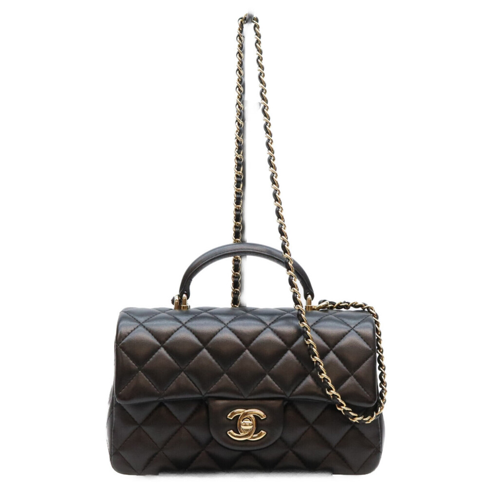 CHANEL AS2431 Black Lambskin Top Handle Mini Matelassé 20 Shoulder Bag with G...